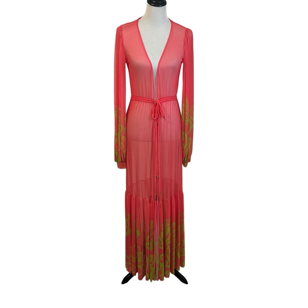 Praia by Day Anara Duran Womens Sheer Floral  Swim Cover Up Robe XS Pink Green
